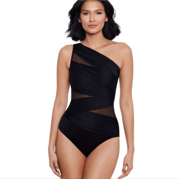 Miraclesuit‎ NWT Network Jena One Piece Swimsuit Black One Shoulder Mesh Size 10 - Picture 1 of 12
